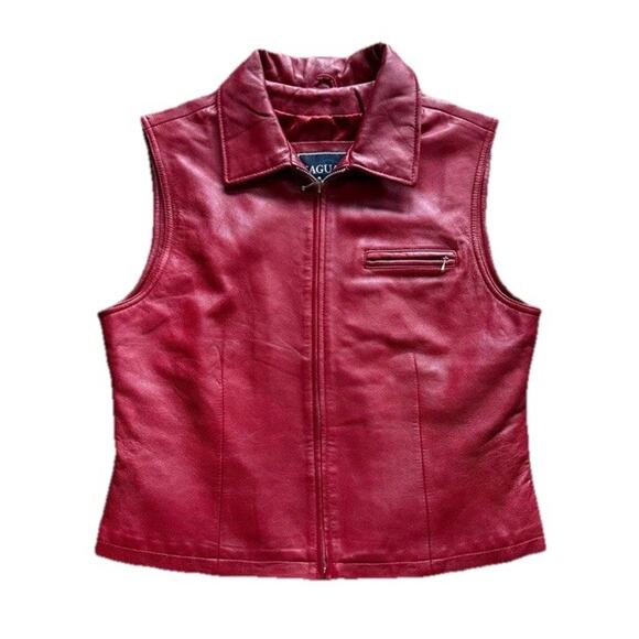Women's Vintage Y2k Saguaro Red Leather Zip Up Lined Biker Vest Jacket Sz Large - Picture 2 of 14